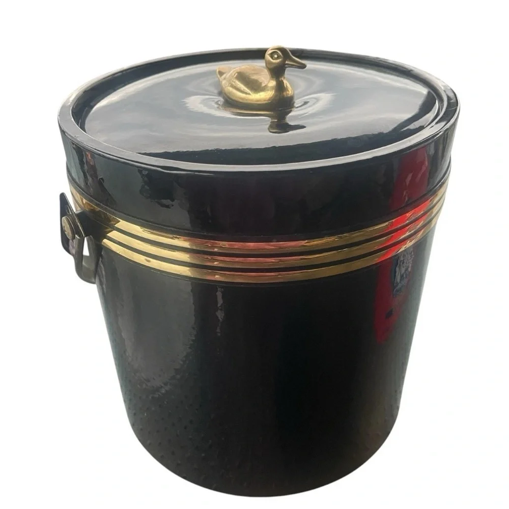 VTG Ice Bucket Vinyl Black Gold Brass Duck Lid Handle Retro 1960’s MCM Hollywood